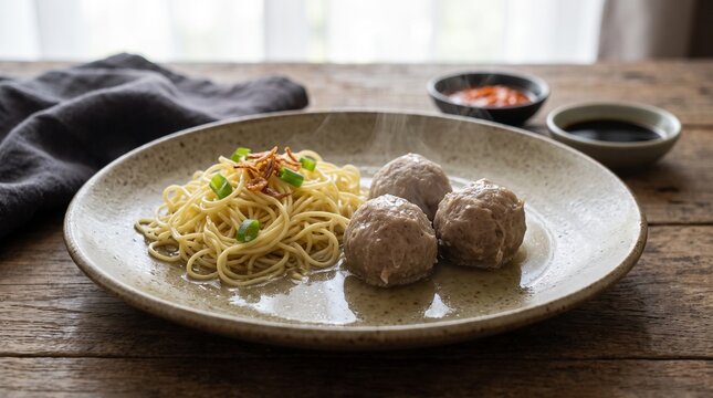Minimal Indonesian bakso composition highlighting beef meatballs, noodles and savory broth for premium restaurant advertising, menu design and culinary campaigns.