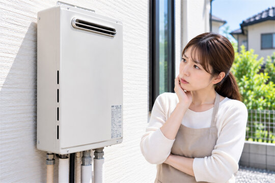  給湯器の故障を心配する女性
