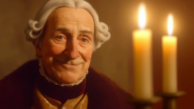 Elderly man in powdered wig gazing forward in warm candlelight indoors