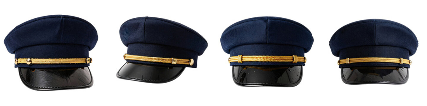 Four driver hats with gold braid and black visors against a black backdrop