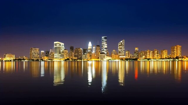 City Skyline Waterfront Night Cityscape with Urban Reflection and Glowing Skyscraper Building