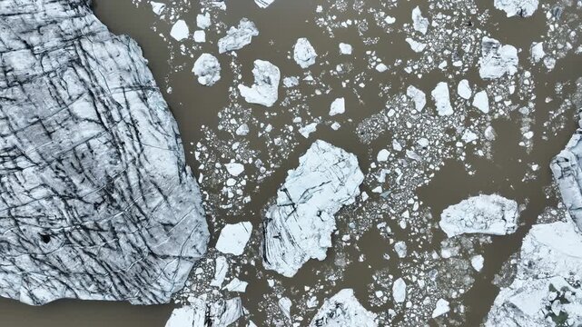 Aerial view of icebergs drifting in a glacier lagoon in the south of Iceland