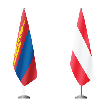 Mongolia and Austria flags on flagpoles for official ceremonies and meetings, transparent background vector