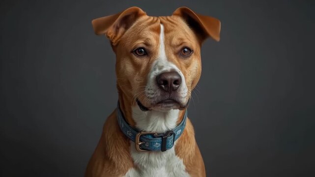 Brown Mixed Breed Dog Portrait with White Marking, Blue Collar and Calm Canine Focus