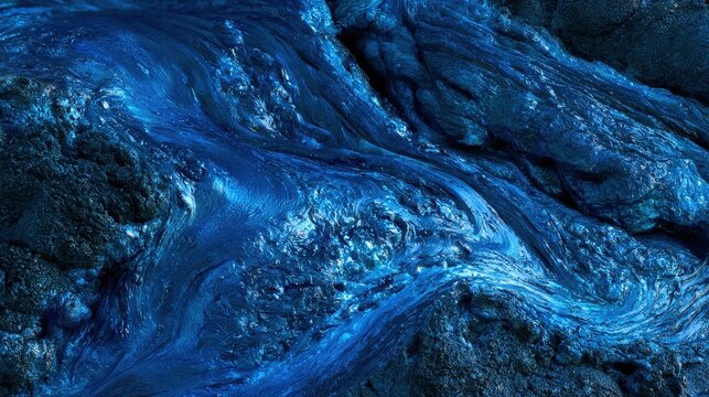 Close-up blue lava stone texture with flowing veins and glossy surface background