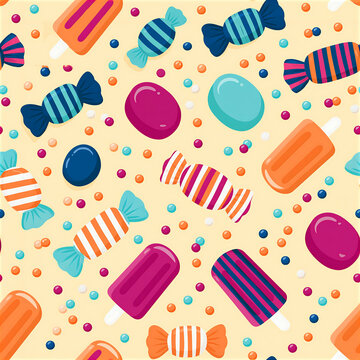 Cute candy seamless pattern featuring various sweets and treats