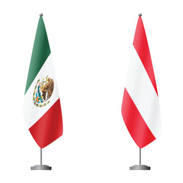 Mexico and Austria flags on flagpoles for official ceremonies and meetings, transparent background vector