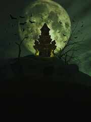 spooky halloween night. halloween castle with bats sky on moon background. Haunted Halloween House in Dark Forest Under Full Moon Night Sky with Flying Bats, Spooky Castle Silhouette and Scary Autumn. © Luis