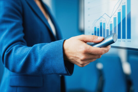 Businesswoman using a remote presentation clicker in a modern office