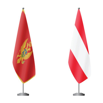 Montenegro and Austria flags on flagpoles for official ceremonies and meetings, transparent background vector