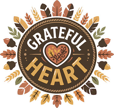 Grateful heart typography emblem surrounded by colorful autumn leaves and acorns for thanksgiving design