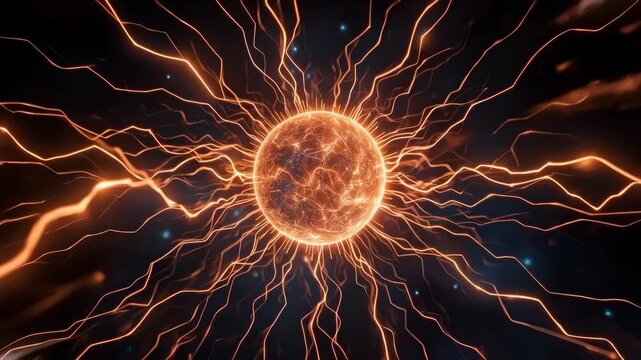 Electric Fiery Plasma Sphere Radiating Lightning Energy Across Dark Space