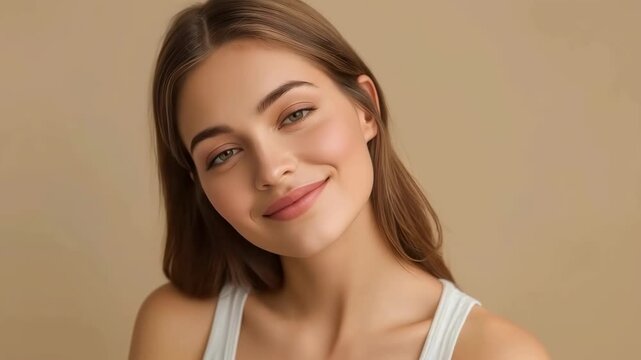 Young Woman Portrait with Brown Hair, Gentle Smile and Calm Face in Beige Studio Background