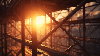 Fototapeta premium Golden hour illuminates construction scaffolding, creating a warm, hazy scene with the sun shining through