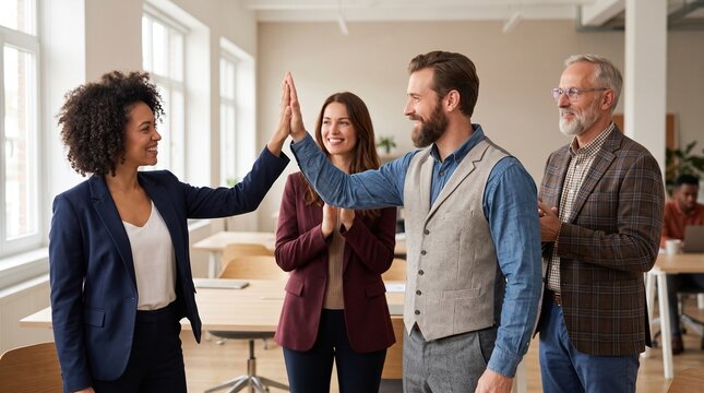 Diverse business team high five in modern office, successful corporate colleagues celebrating partnership and project success together