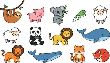 Naklejka premium Cute Cartoon Animal Clipart Set with Sloth Panda Koala Whale Lion and Tiger Vectors for Children Books Nursery Decor and Greeting Card Designs