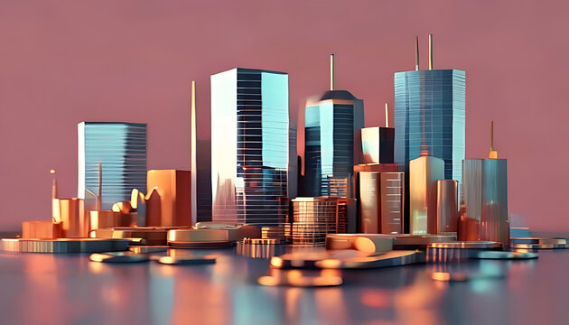 Modern City Skyline with Skyscrapers and Waterfront at Sunset