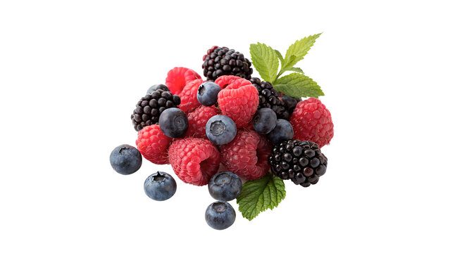 Heap of mixed fresh forest berries strawberries raspberries blackberries blueberries isolated on transparent background