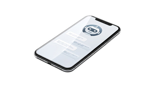 Modern smartphone with chatbot interface, mobile phone displaying AI assistant app, digital device with robot icon on screen