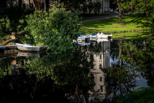 Small Boats Rest Beside Lush Greenery on a Reflective Pond