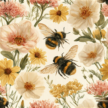 Romantic bee and flower seamless pattern with charming yellow and cream flowers and detailed bumblebee illustrations