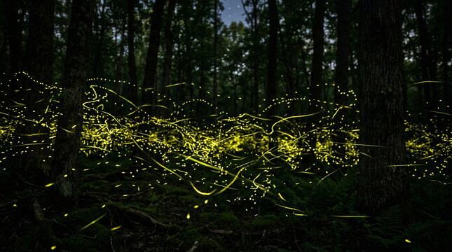 Glowing Fireflies and Light Trails in a Dark Forest Night
