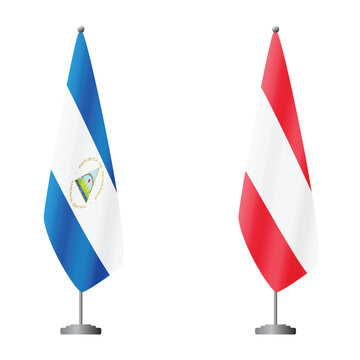 Nicaragua and Austria flags on flagpoles for official ceremonies and meetings, transparent background vector