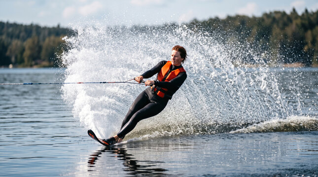Person water skiing creating a large splash on a lake during a sunny day