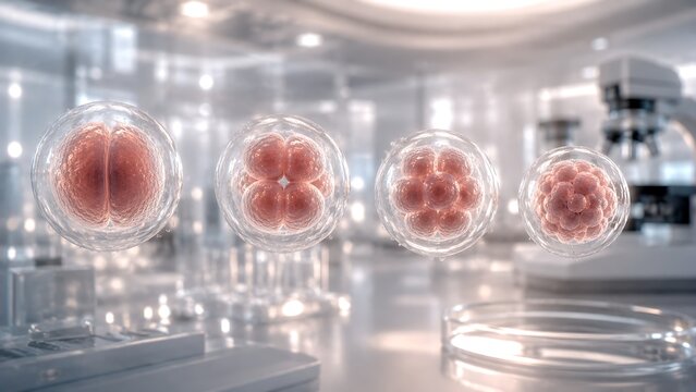 Embryo development stages showing early cell division in IVF laboratory