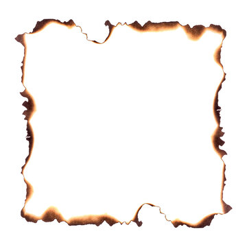 Burnt paper frame with dark charred edges and irregular torn shape