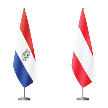 Paraguay and Austria flags on flagpoles for official ceremonies and meetings, transparent background vector