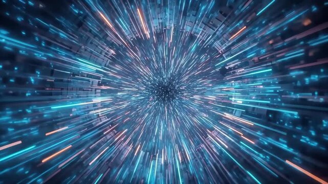 Abstract Digital Light Tunnel With Vibrant Blue Orange Motion Streaks Creating Futuristic Depth