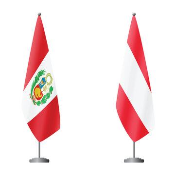 Peru and Austria flags on flagpoles for official ceremonies and meetings, transparent background vector