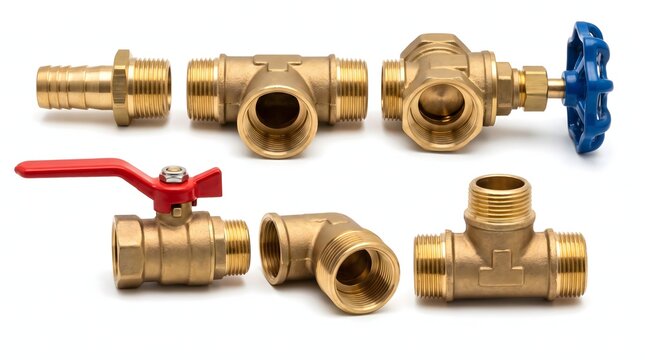 Brass plumbing fittings and valves on white background for water supply.