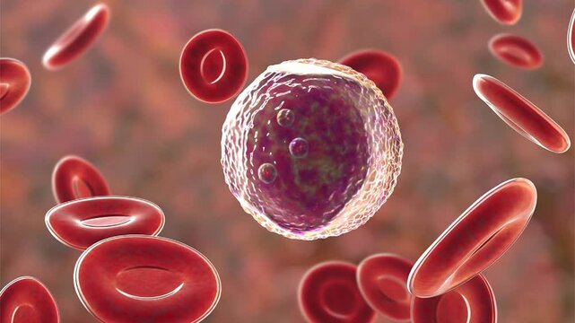 Lymphoblast, 3D animation of an immature lymphoid cell circulating among red blood cells, associated with acute lymphoblastic leukaemia and other lymphoid disorders.