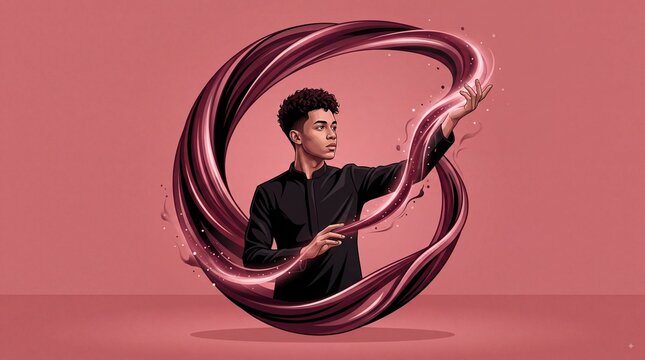 Surreal digital art of a young man surrounded by liquid swirls, abstract pink fluid motion, creative portrait with flowing dynamic shapes