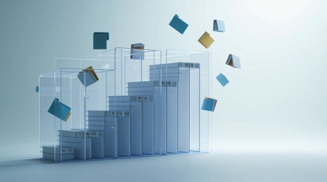 Carpetas digitales flotando hacia arriba en flujos verticales superpuestos alrededor de una gran estructura de base de datos transparente