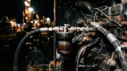Fototapeta premium Inline diesel filter and fuel line on generator set powering site lighting, with metal fittings and industrial components in tight closeup.