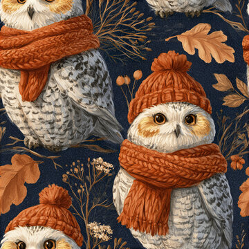Rustic fall owl seamless pattern with adorable snowy owl wearing orange knitted hat and scarf surrounded by autumn leaves