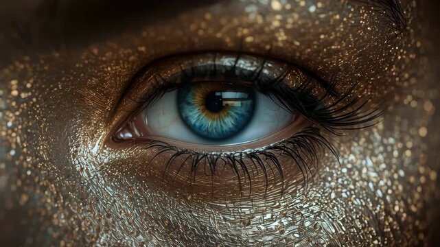 Blue Eye Glitter Makeup with Long Eyelash, Eyelid and Eyebrow Dramatic Beauty Closeup