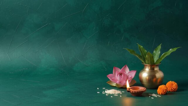 Navratri festival with kalash lotus and diya for traditional puja