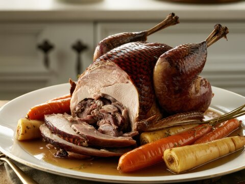 Gigapixel-Carved Roast Pheasant: Succulent Meat Revealed on a Plate with Roasted Vegetables