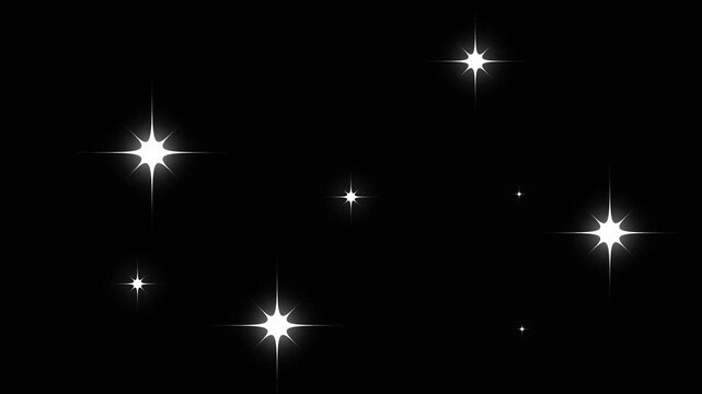 Sparkling stars shine animation on black background. fast glitter star motion, white cartoon, flat, vector, doodles style stars blinking. sparkle Star glowing twinkling glitter star. 4K
