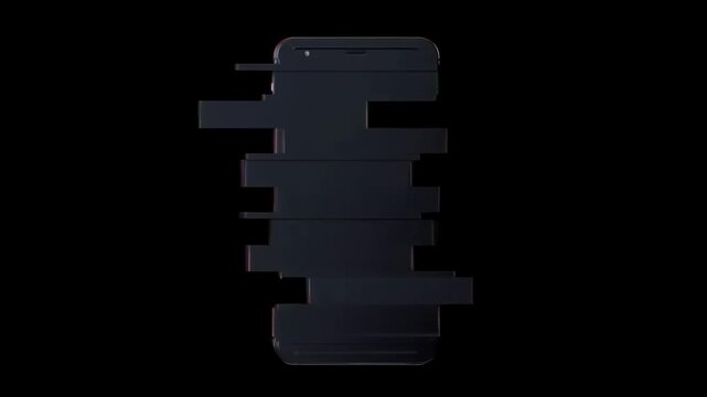 Smartphone flips from front to back and glitches into digital static on black background