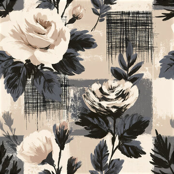 Rustic patchwork seamless pattern with simple hand painted rose and leaves in beige and gray tones