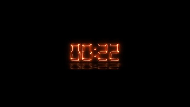 Abstract neon LED timer for 2 minutes countdown with reflection count animation and Neon orange digital number clock with reflection.