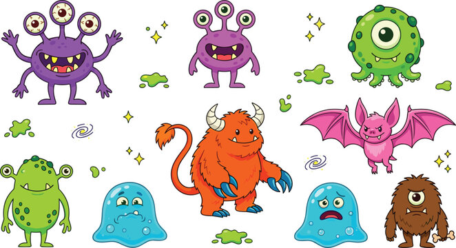 Cute and funny cartoon alien monster vector character set isolated on a white background.