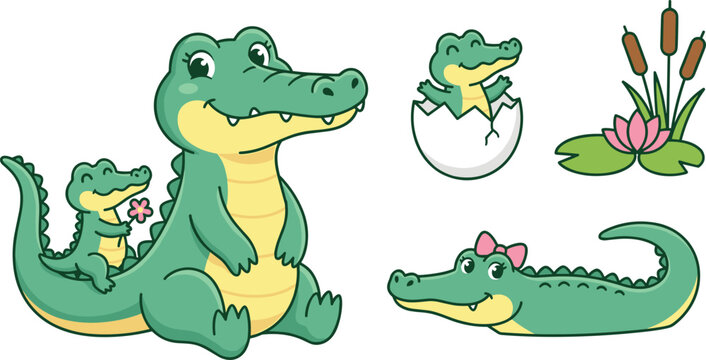 Cute Crocodile Family Vector Set with Mother Baby Hatching Egg Alligator Character and Swamp Water Lily