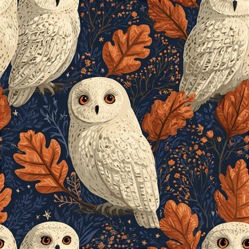 Scandinavian autumn seamless pattern with stylized ivory owls and orange oak leaves on dark blue background