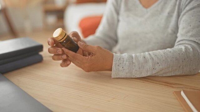 Woman pours pills into palm at living room table opening an amber pill bottle, ring on finger, books and laptop nearby; wellness calm.